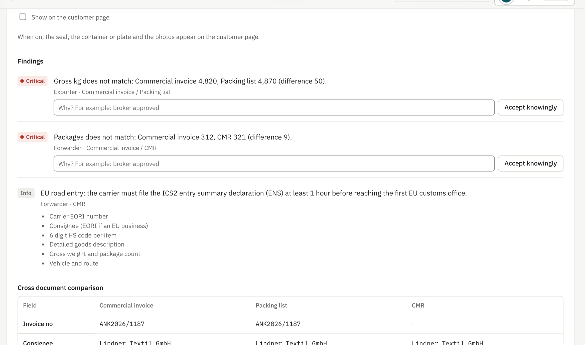 Findings and cross document comparison showing gross weight and package mismatches