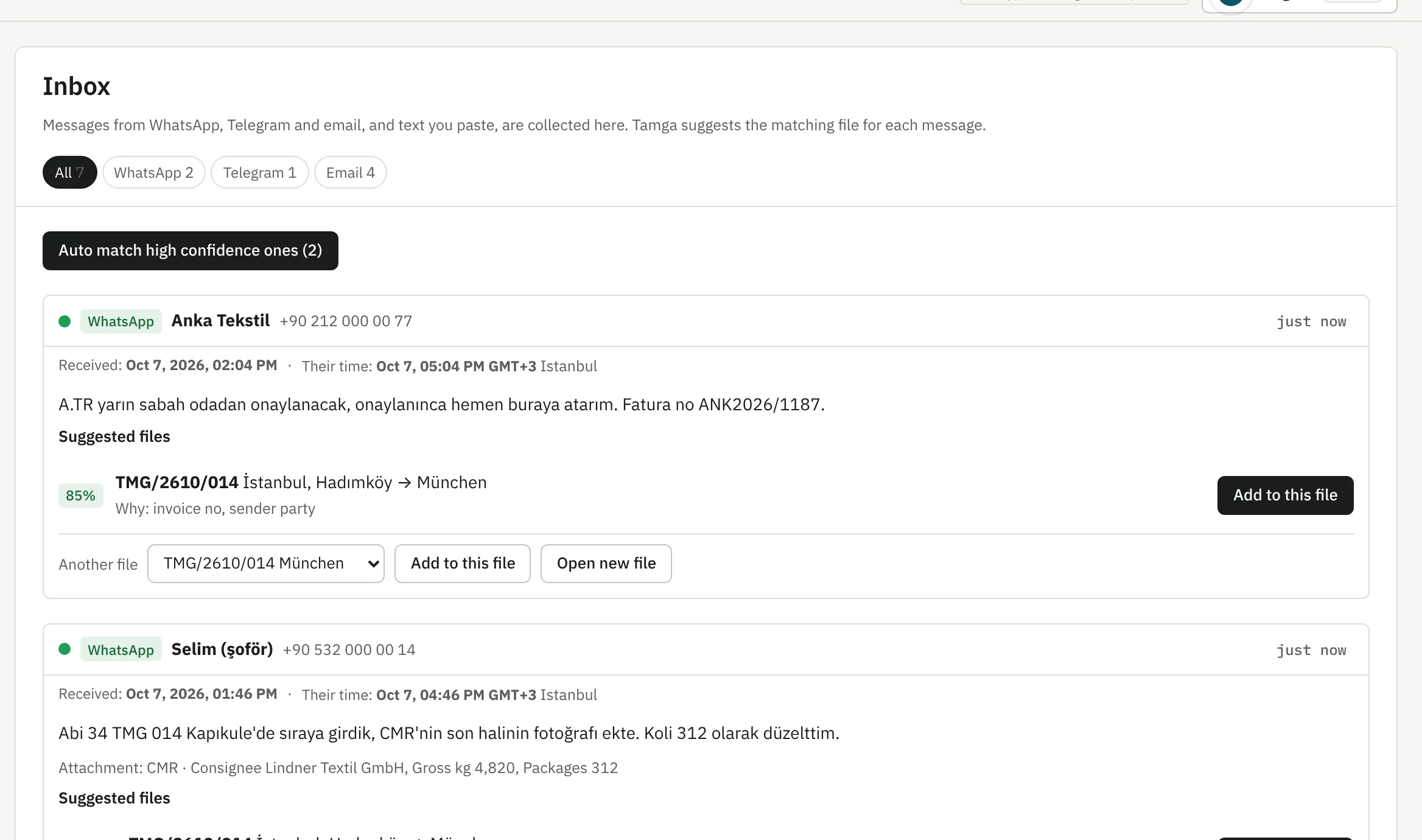 Inbox matching a WhatsApp message to shipment TMG/2610/014