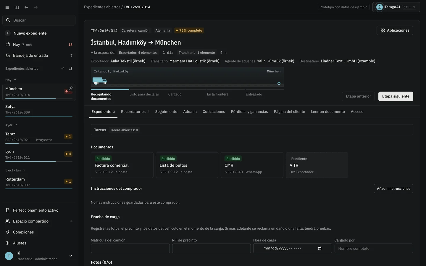 Tamga shipment file in Spanish, dark mode
