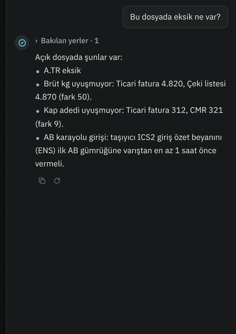 Bir sevkiyat dosyasında neyin eksik olduğunu yanıtlayan TamgaAI paneli