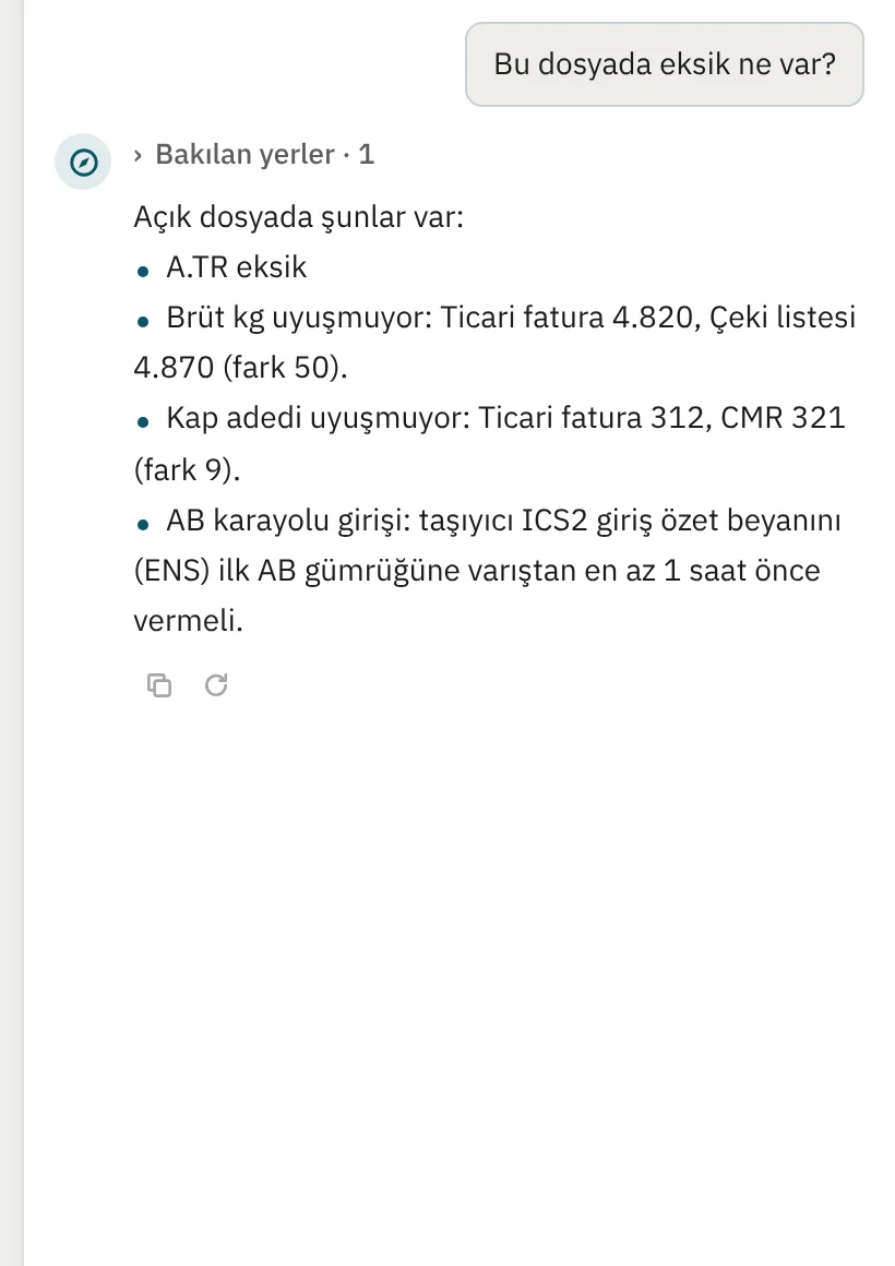 Bir sevkiyat dosyasında neyin eksik olduğunu yanıtlayan TamgaAI paneli
